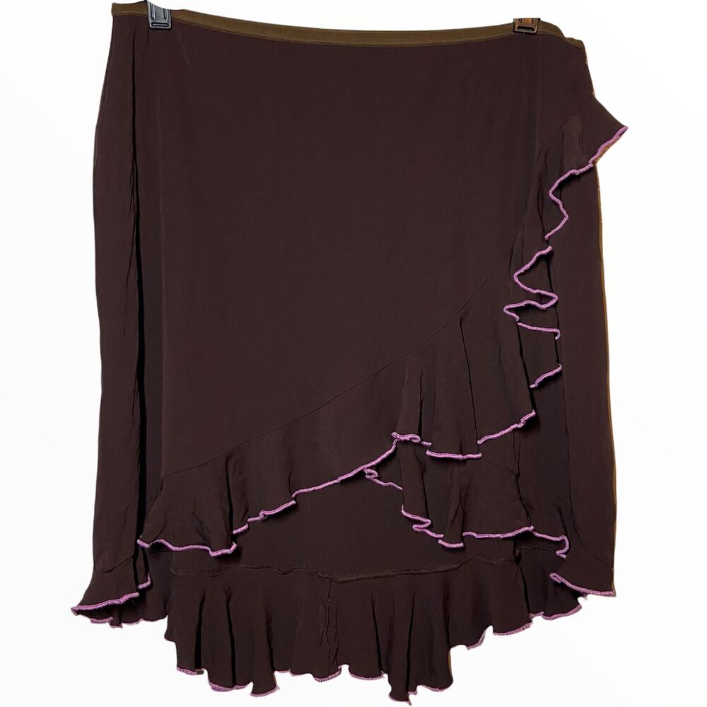 Vintage Diane Von Furstenberg Wrap Skirt Y2K Tulip Contrast Piping Brown Pink 12